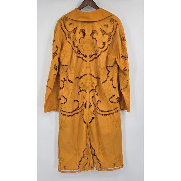 Free People Susanna Eyelet Cotton & Linen Duster Coat – Mustard Amber | Size M - Picture 2 of 6